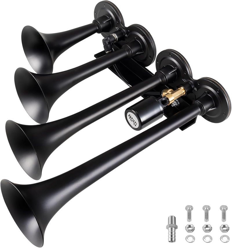 banhao Truck Air Horn 4 Trumpet Horns Train Horn Kit for Truck 12/24V 180 dB Super Loud Suitable for Pickup Motorhome SUV Trucks Train Boat(Parallel 4-Trumpet Black 12/24V) - Image 1